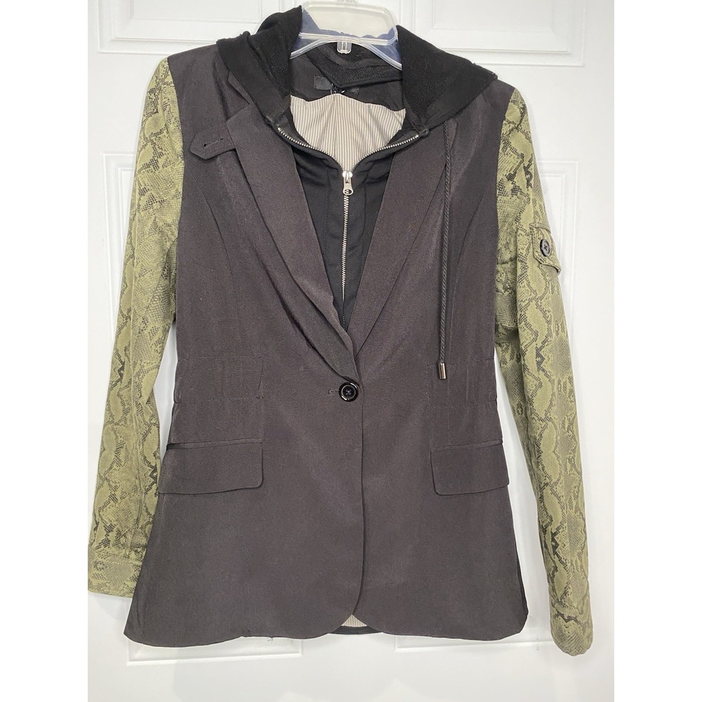 Fate Women's Small Black Hybrid Blazer Hoodie Layered Mixed Media Snakeskin
